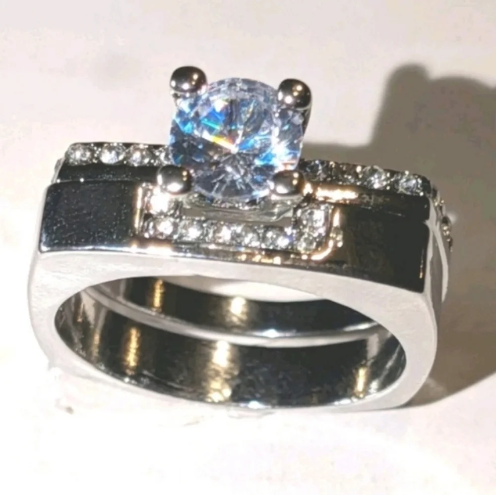Mens Silver-Tone Clear Cubic zirconia Ring 2pc Set Sz 10